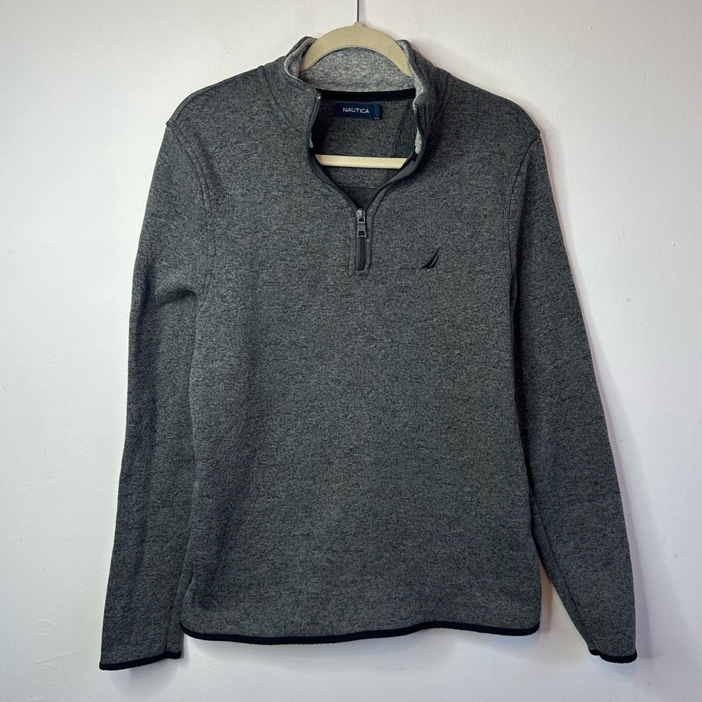 Nautica Mens L Large Sweater Marled Gray 1/4 Zip Long Sleeve Knit Fleece Lined